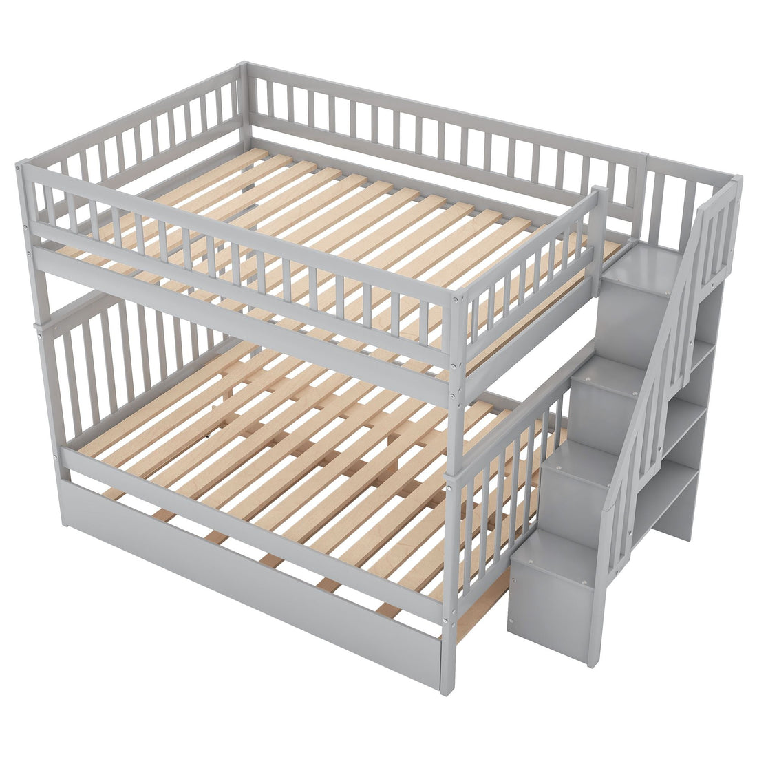 Full Over Full Wood Bunk Bed with Staircase Storage and Trundle in Gray for Kids Shared Rooms | Just Better Bunk Beds - View 8