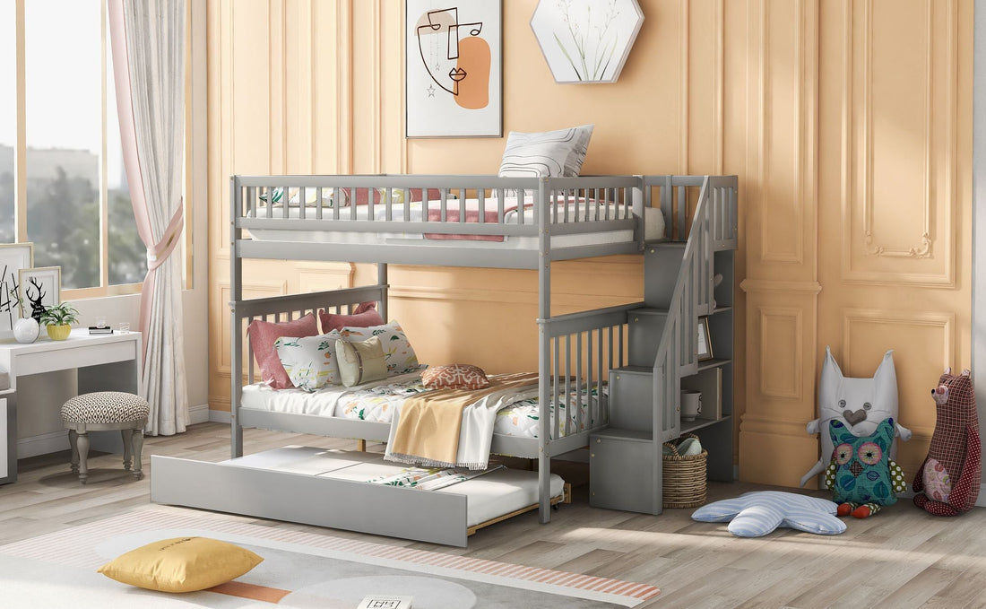 Full Over Full Wood Bunk Bed with Staircase Storage and Trundle in Gray for Kids Shared Rooms | Just Better Bunk Beds - Assembly View