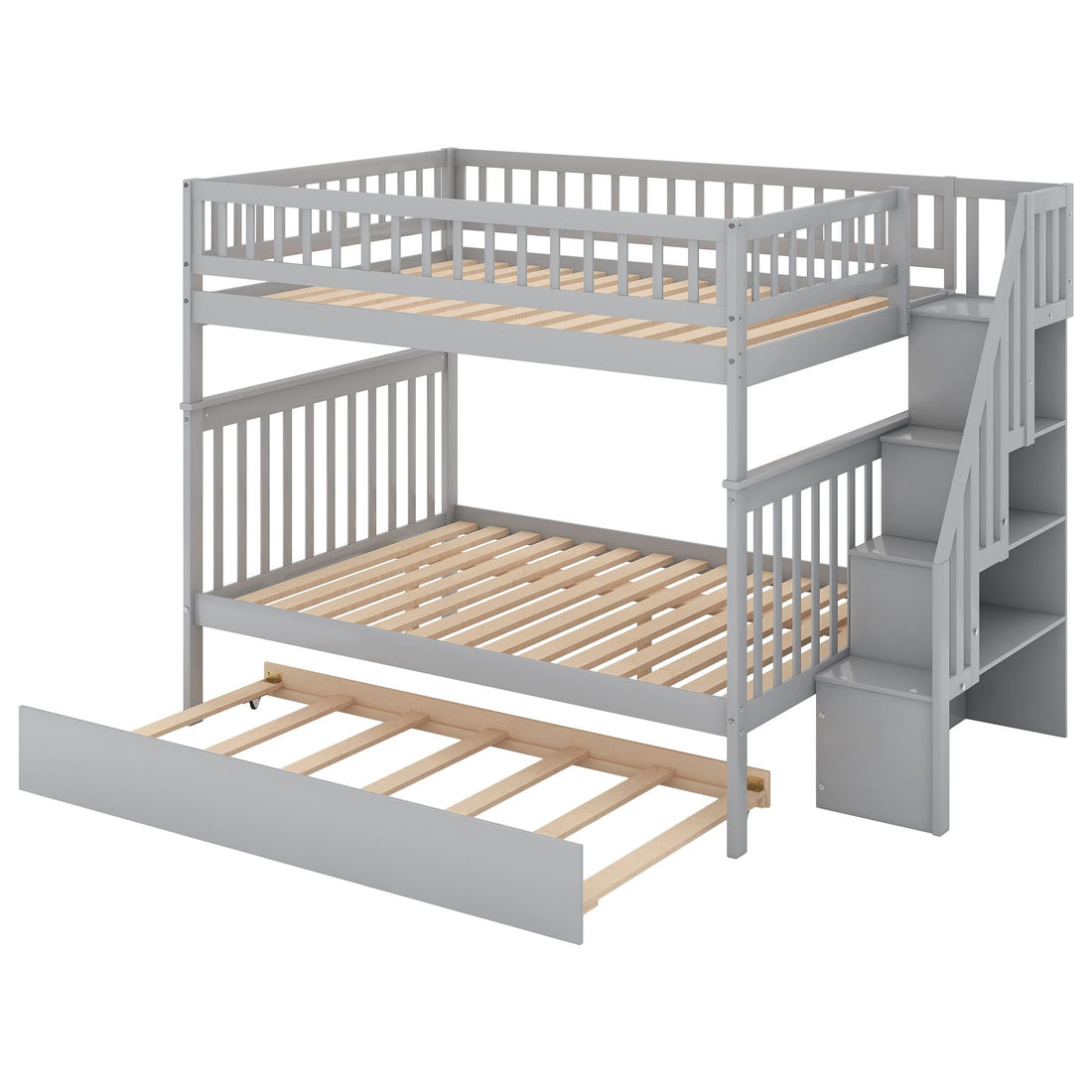 Full Over Full Wood Bunk Bed with Staircase Storage and Trundle in Gray for Kids Shared Rooms | Just Better Bunk Beds - View 11