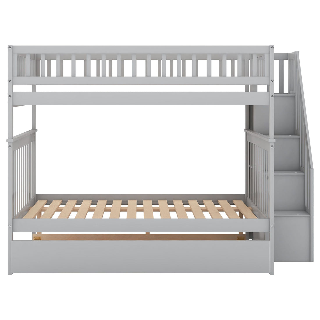 Full Over Full Wood Bunk Bed with Staircase Storage and Trundle in Gray for Kids Shared Rooms | Just Better Bunk Beds - View 13