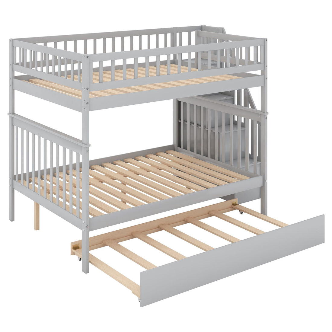 Full Over Full Wood Bunk Bed with Staircase Storage and Trundle in Gray for Kids Shared Rooms | Just Better Bunk Beds - View 6