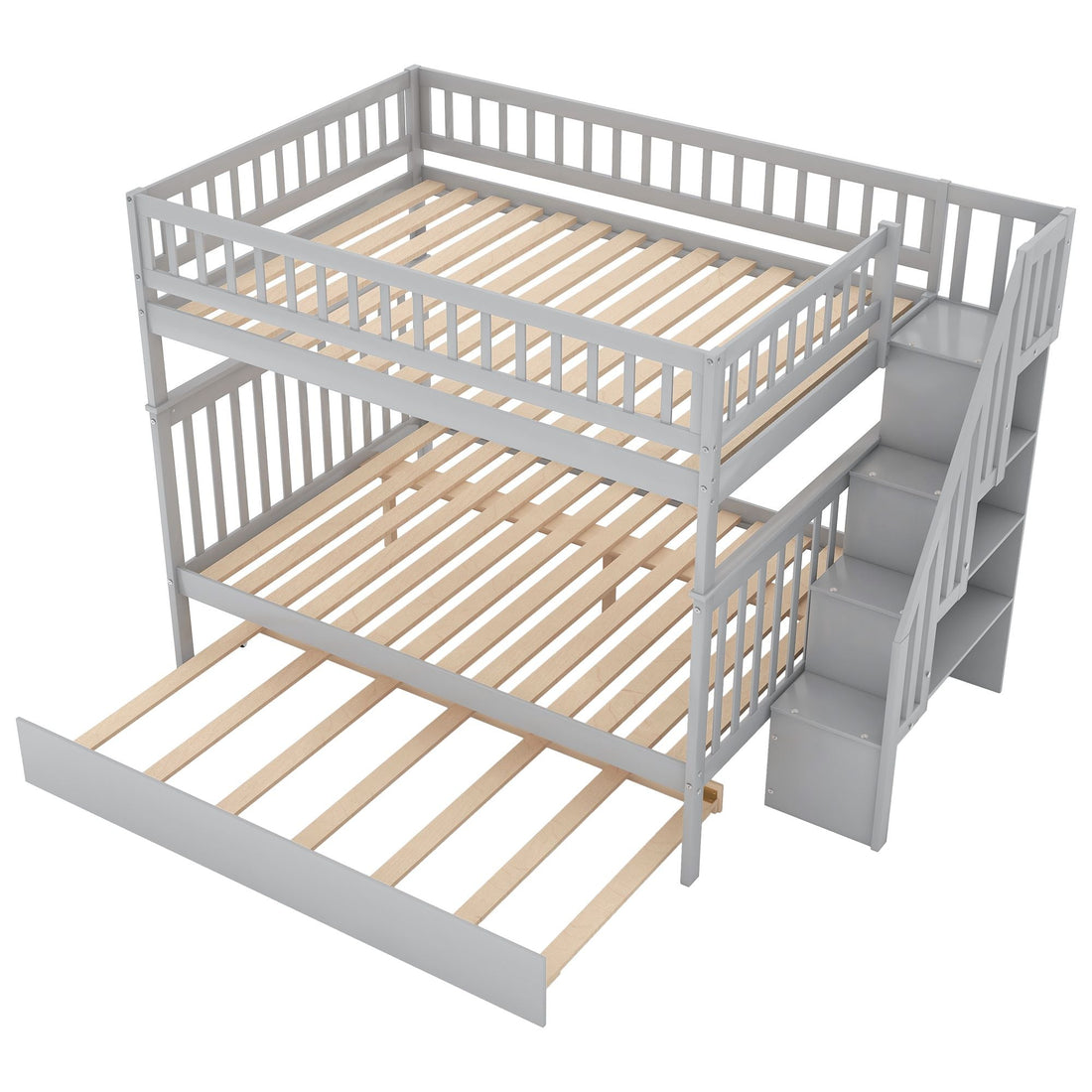 Full Over Full Wood Bunk Bed with Staircase Storage and Trundle in Gray for Kids Shared Rooms | Just Better Bunk Beds - View 9