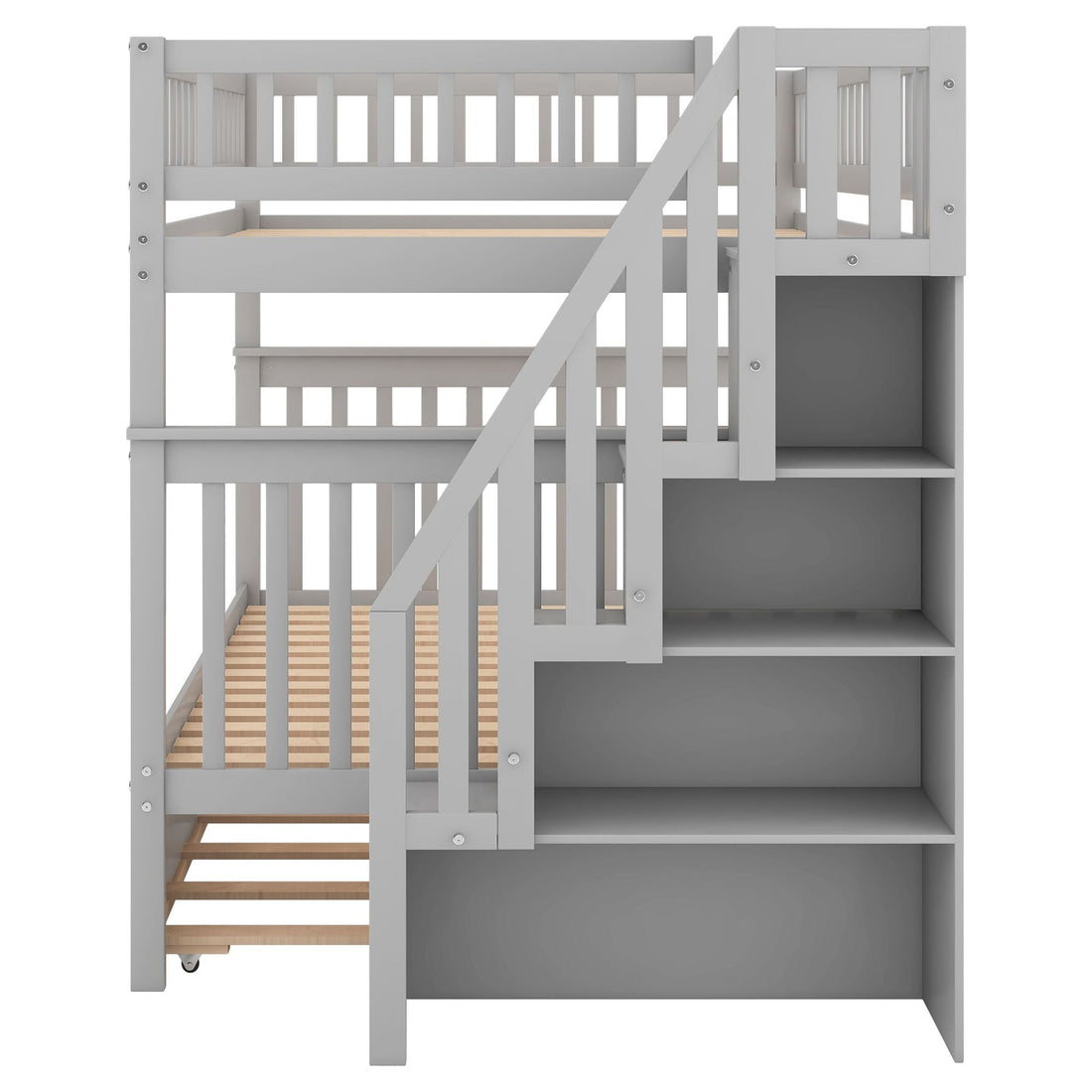 Full Over Full Wood Bunk Bed with Staircase Storage and Trundle in Gray for Kids Shared Rooms | Just Better Bunk Beds - View 12