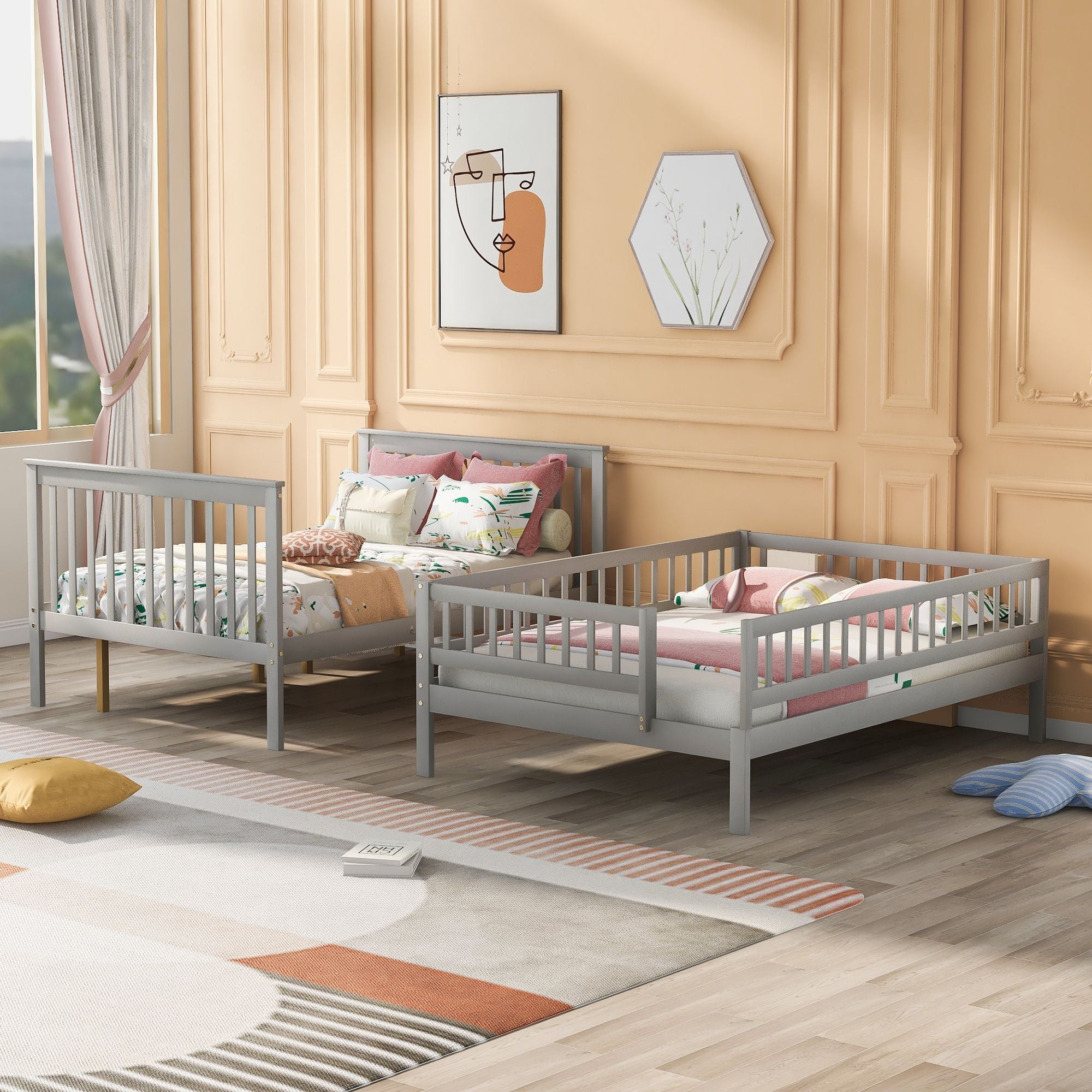 Full Over Full Wood Bunk Bed with Staircase Storage and Trundle in Gray for Kids Shared Rooms | Just Better Bunk Beds - Side View