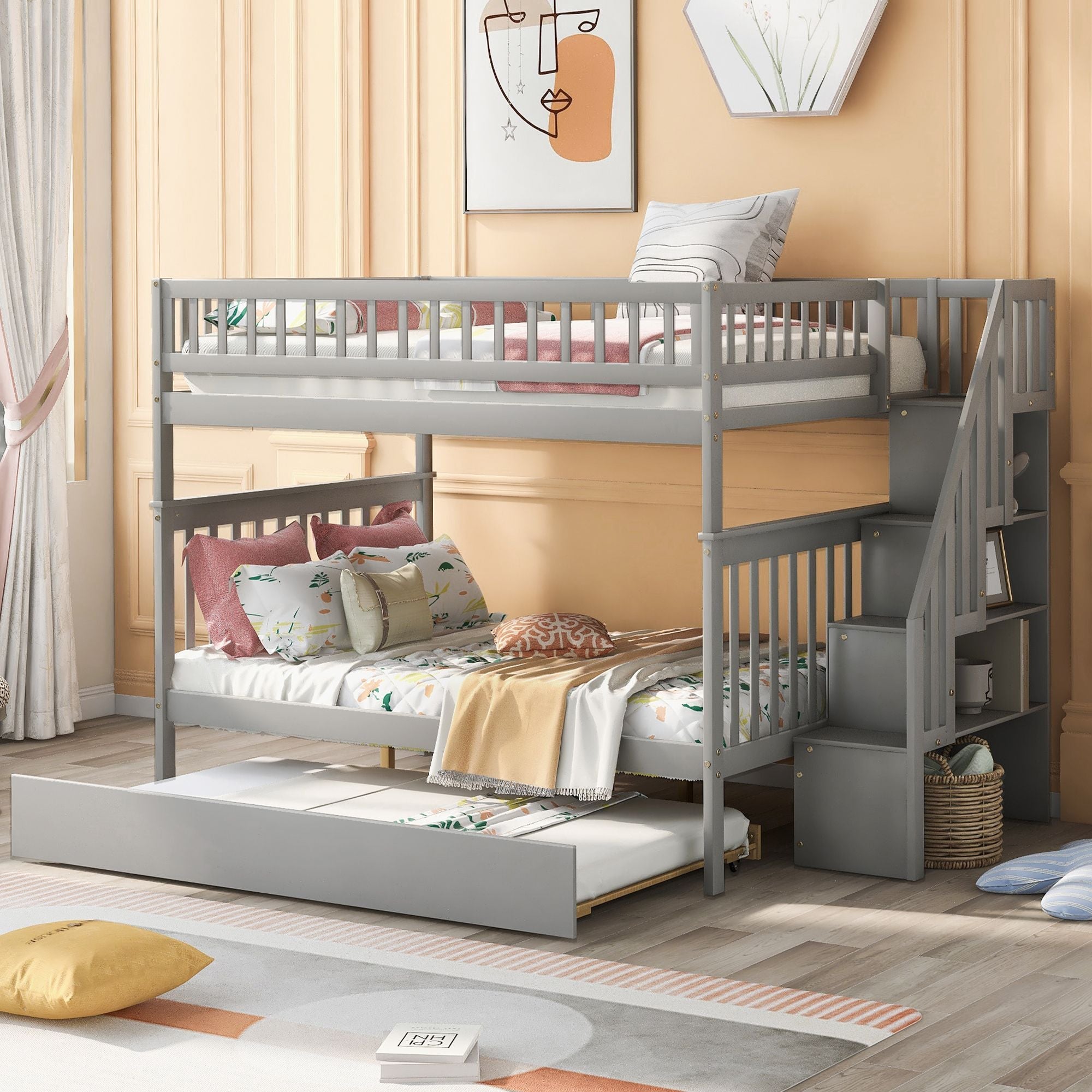 Full Over Full Wood Bunk Bed with Staircase Storage and Trundle in Gray for Kids Shared Rooms | Just Better Bunk Beds - Front View