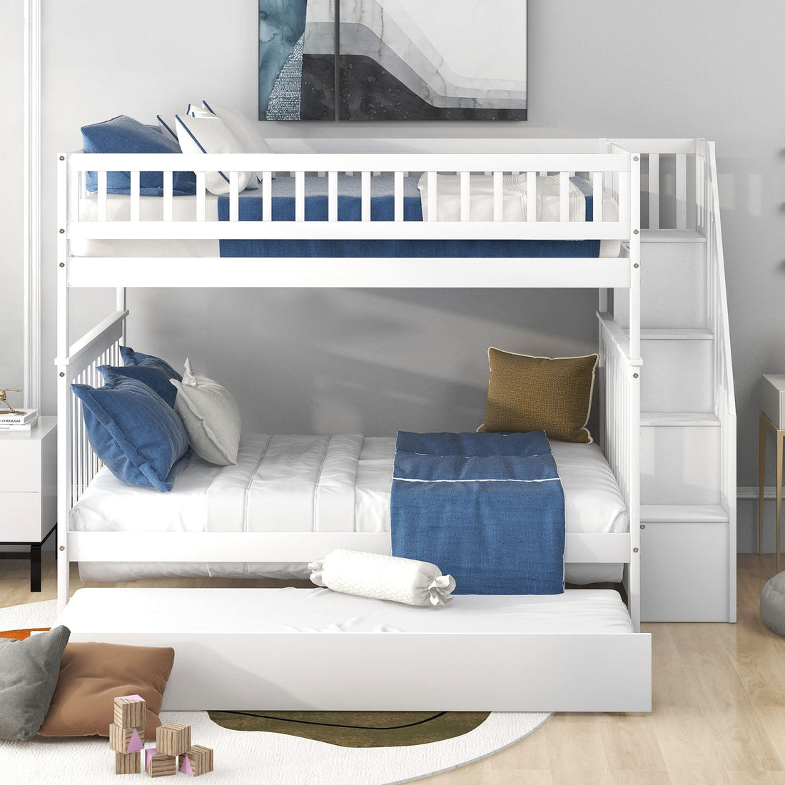 Full Over Full Wood Bunk Bed with Staircase Storage and Trundle, White | Just Better Bunk Beds - Detail View