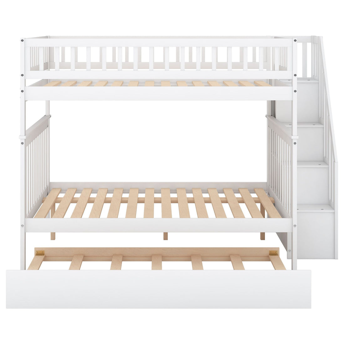 Full Over Full Wood Bunk Bed with Staircase Storage and Trundle, White | Just Better Bunk Beds - View 11