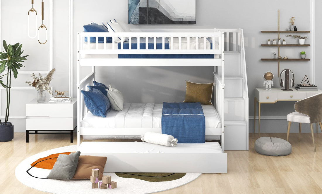 Full Over Full Wood Bunk Bed with Staircase Storage and Trundle, White | Just Better Bunk Beds - Assembly View
