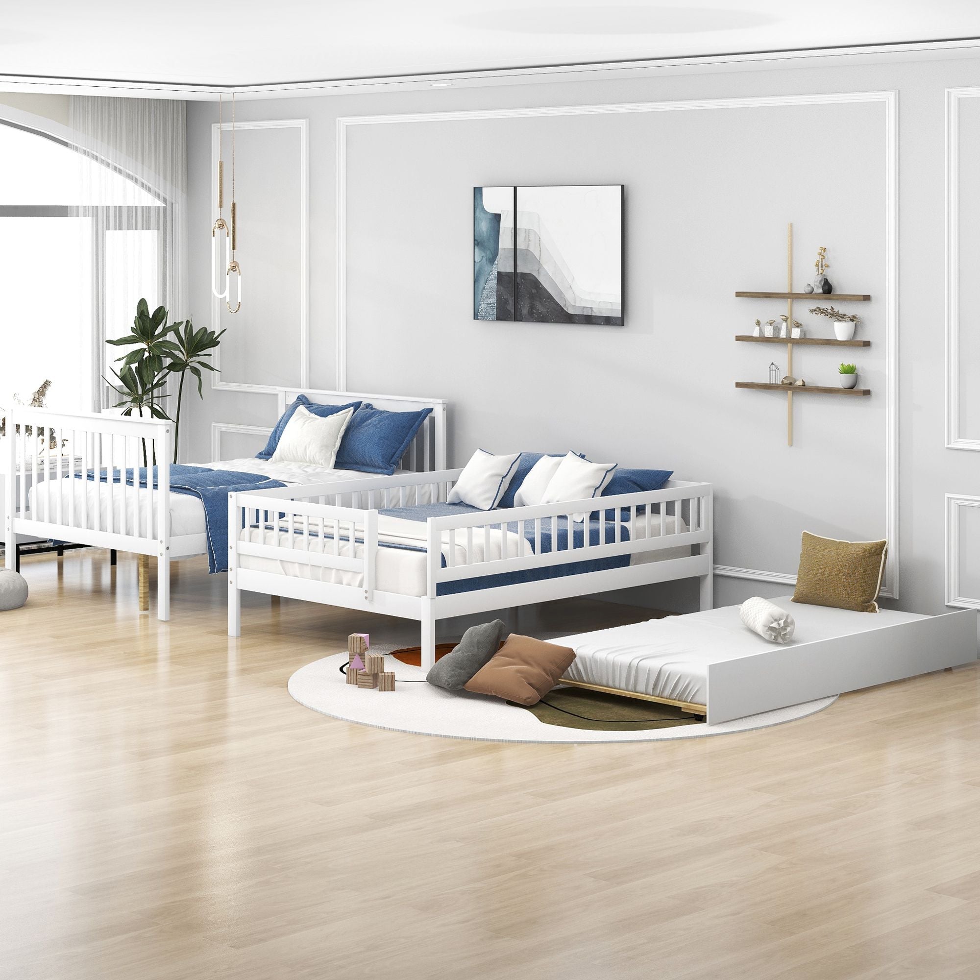 Full Over Full Wood Bunk Bed with Staircase Storage and Trundle, White | Just Better Bunk Beds - Side View