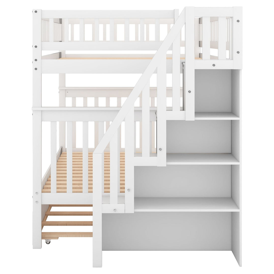 Full Over Full Wood Bunk Bed with Staircase Storage and Trundle, White | Just Better Bunk Beds - View 14