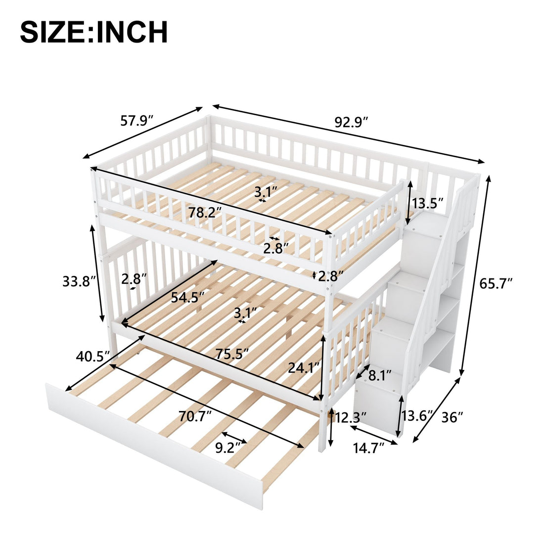 Full Over Full Wood Bunk Bed with Staircase Storage and Trundle, White | Just Better Bunk Beds - View 5