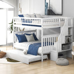 Full Over Full Wood Bunk Bed with Staircase Storage and Trundle, White | Just Better Bunk Beds - Front View