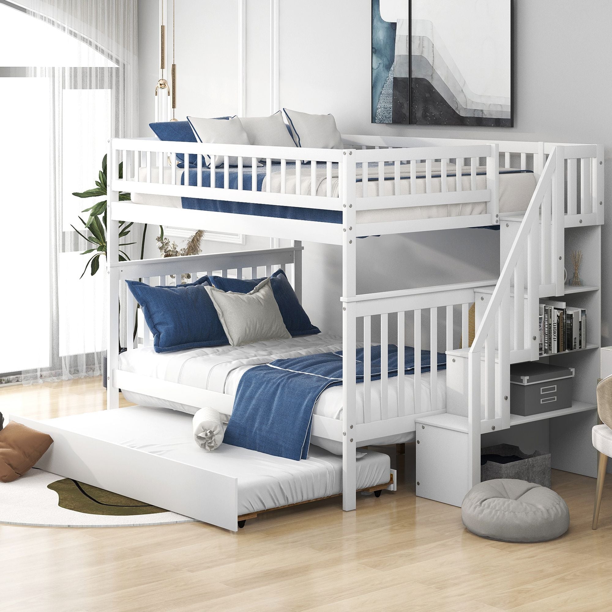 Full Over Full Wood Bunk Bed with Staircase Storage and Trundle, White | Just Better Bunk Beds - Front View