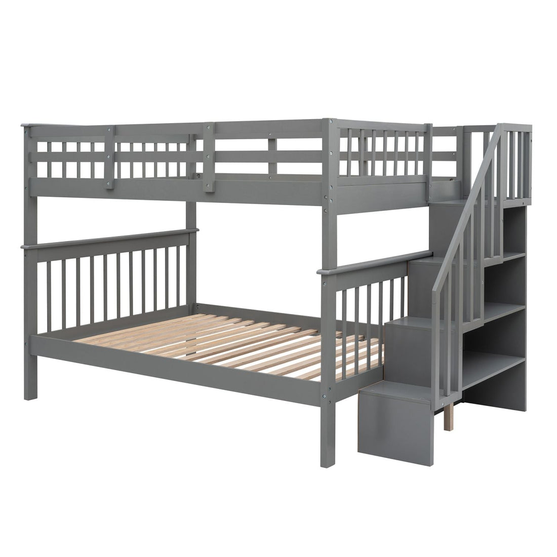 Full Over Full Wood Bunk Bed with Staircase Storage Gray Durable Pinewood | Just Better Bunk Beds - Assembly View