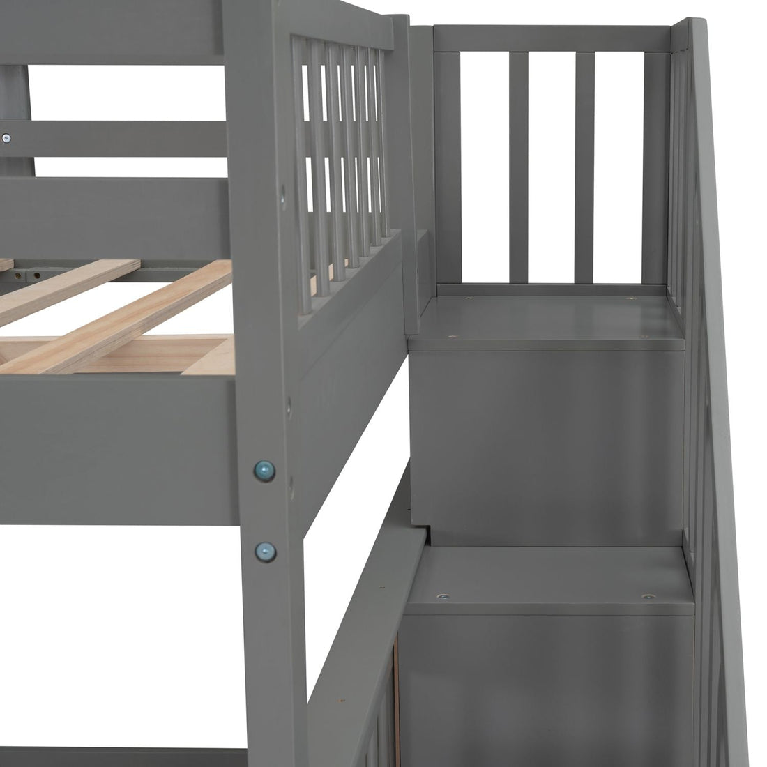 Full Over Full Wood Bunk Bed with Staircase Storage Gray Durable Pinewood | Just Better Bunk Beds - View 9