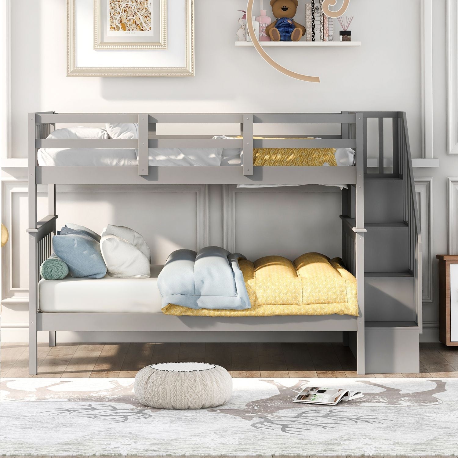 Full Over Full Wood Bunk Bed with Staircase Storage Gray Durable Pinewood | Just Better Bunk Beds - Side View