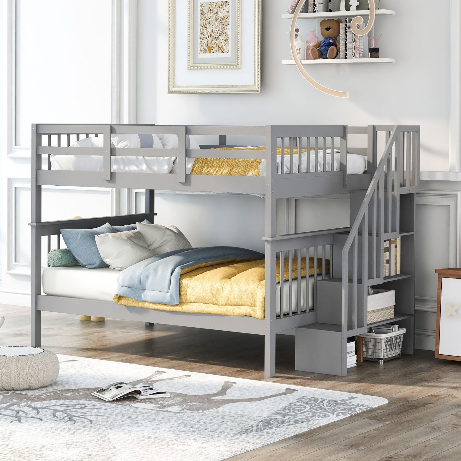 Full Over Full Wood Bunk Bed with Staircase Storage Gray Durable Pinewood | Just Better Bunk Beds - Front View