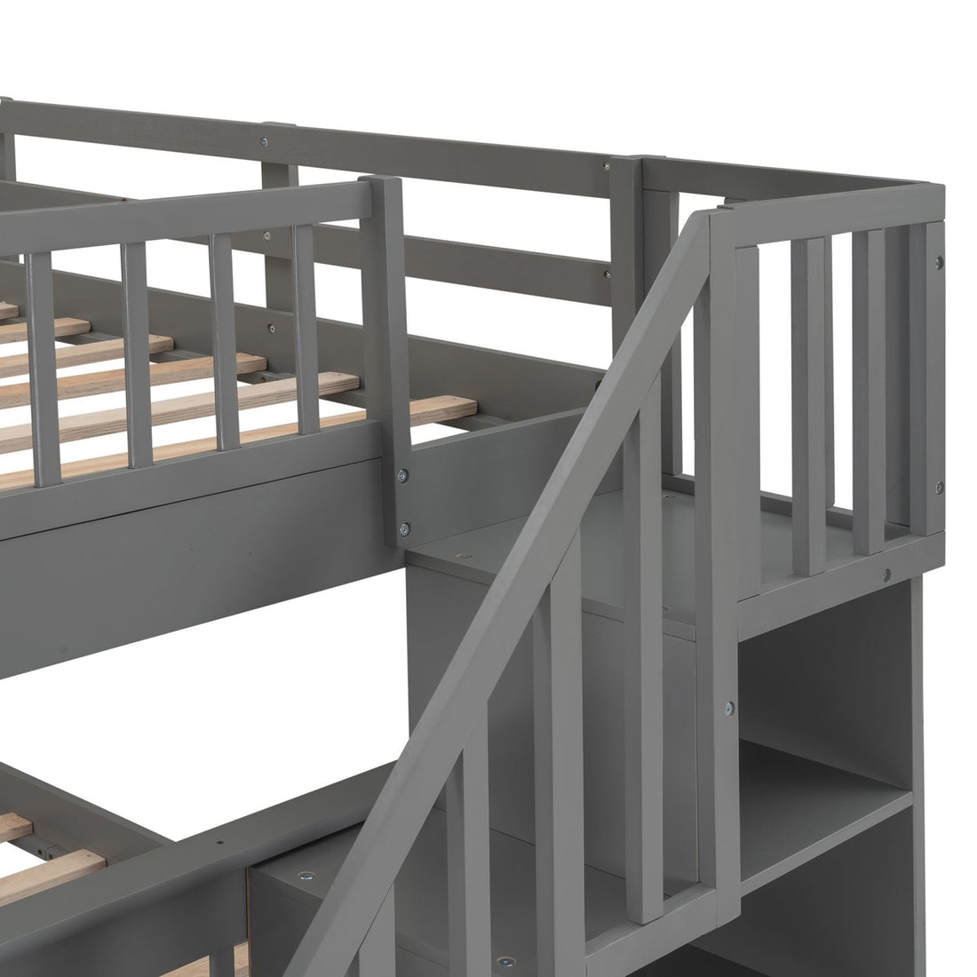 Full Over Full Wood Bunk Bed with Staircase Storage Gray Durable Pinewood | Just Better Bunk Beds - View 10