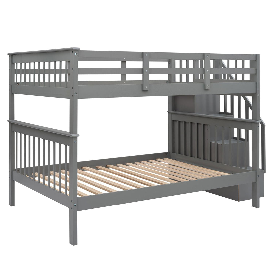 Full Over Full Wood Bunk Bed with Staircase Storage Gray Durable Pinewood | Just Better Bunk Beds - View 5