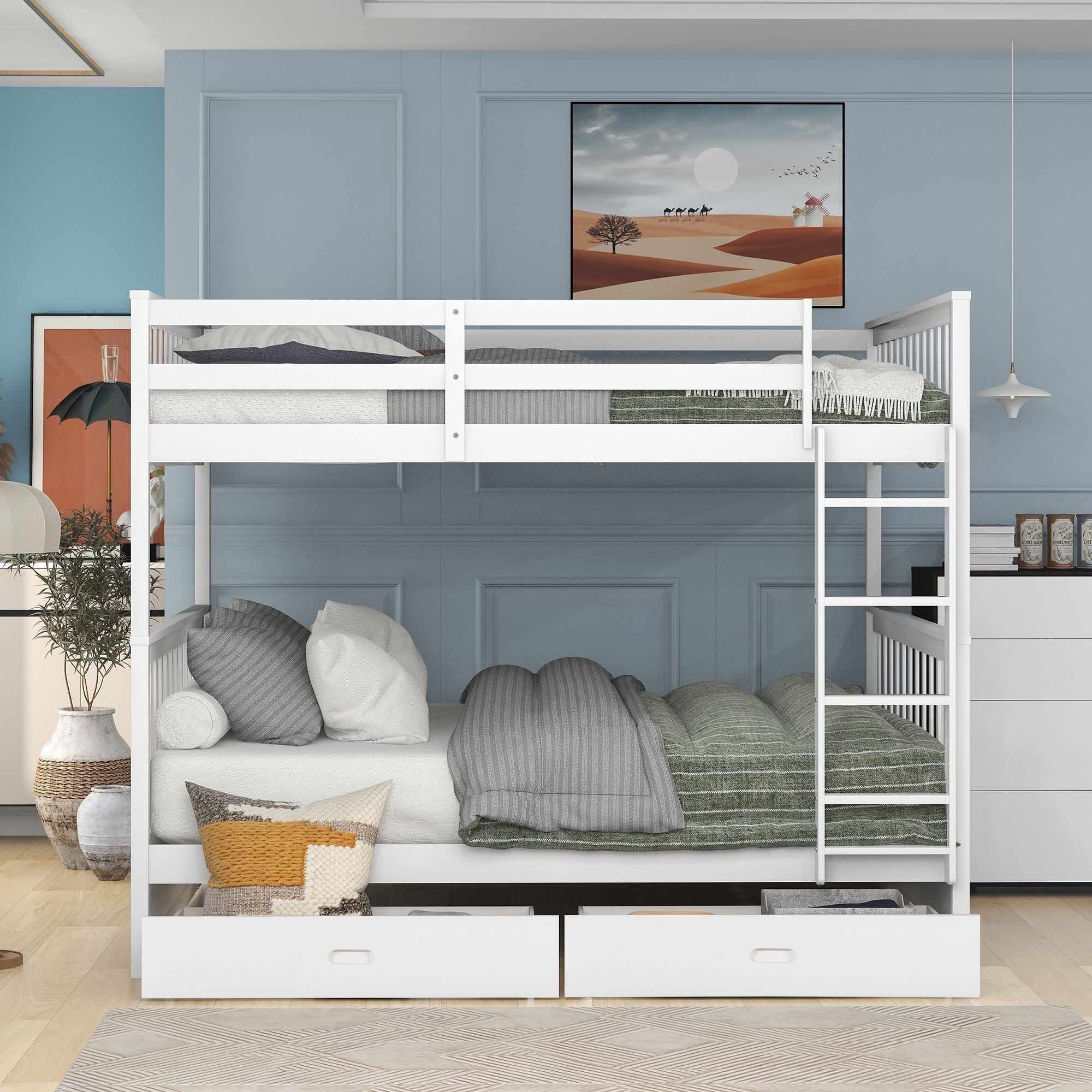 Full Over Full Wood Bunk Bed with Storage Drawers and Ladders in White | Just Better Bunk Beds - Side View