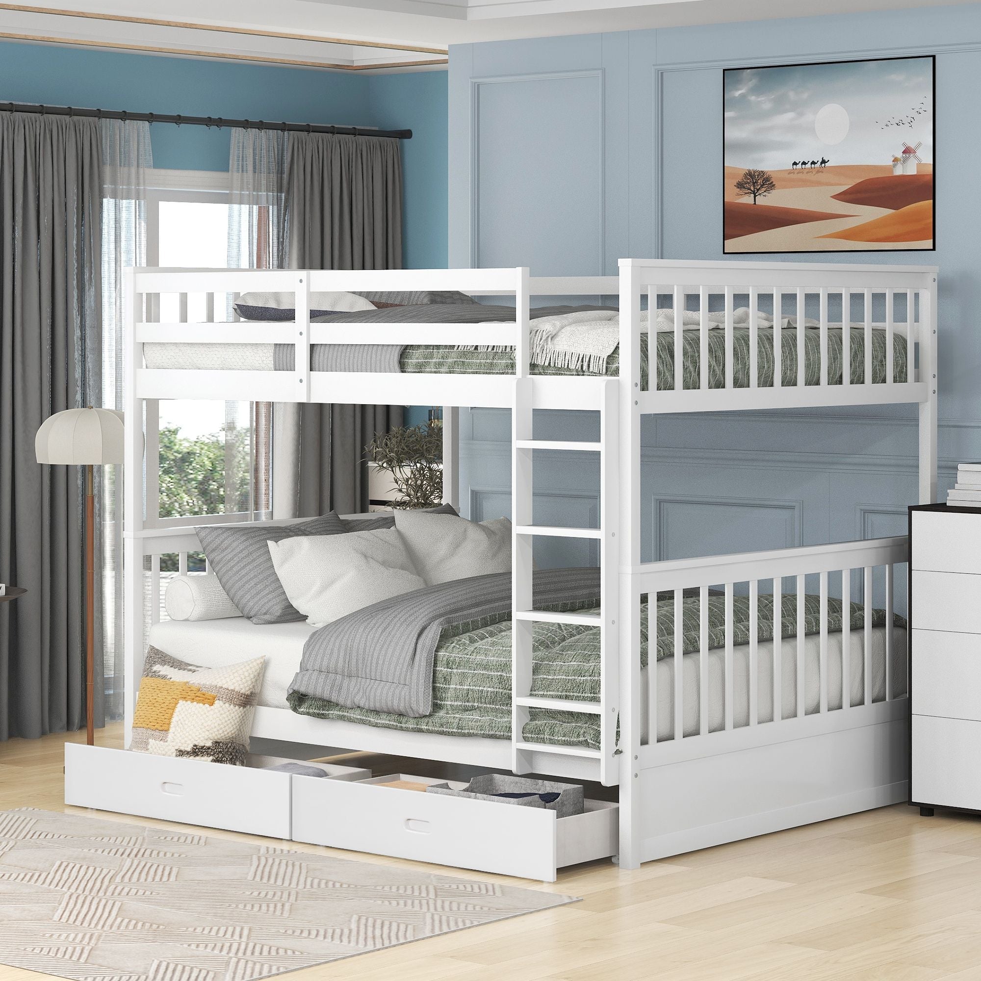 Full Over Full Wood Bunk Bed with Storage Drawers and Ladders in White | Just Better Bunk Beds - Front View