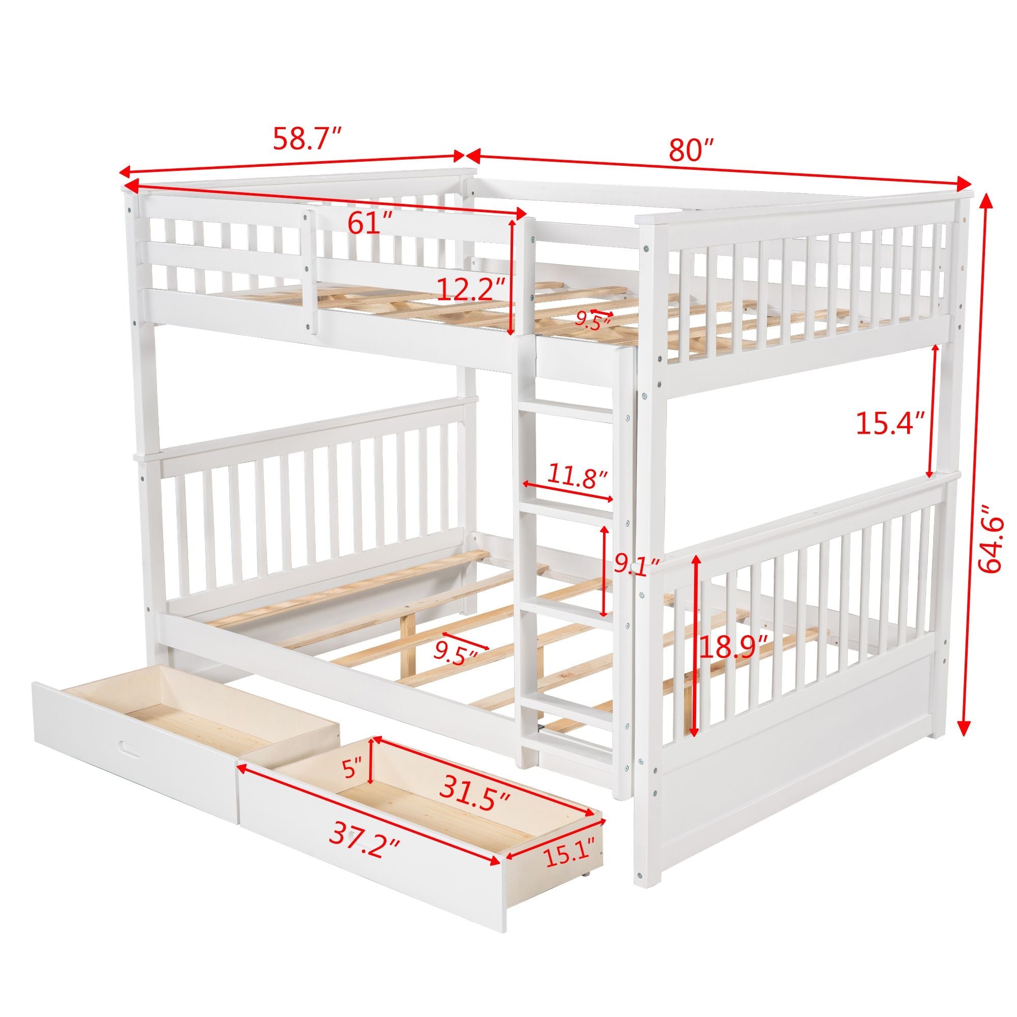 Full Over Full Wood Bunk Bed with Storage Drawers and Ladders in White | Just Better Bunk Beds - View 9