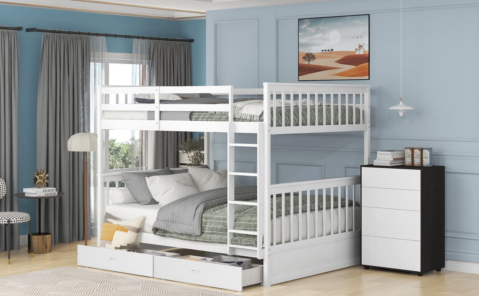 Full Over Full Wood Bunk Bed with Storage Drawers and Ladders in White | Just Better Bunk Beds - View 13