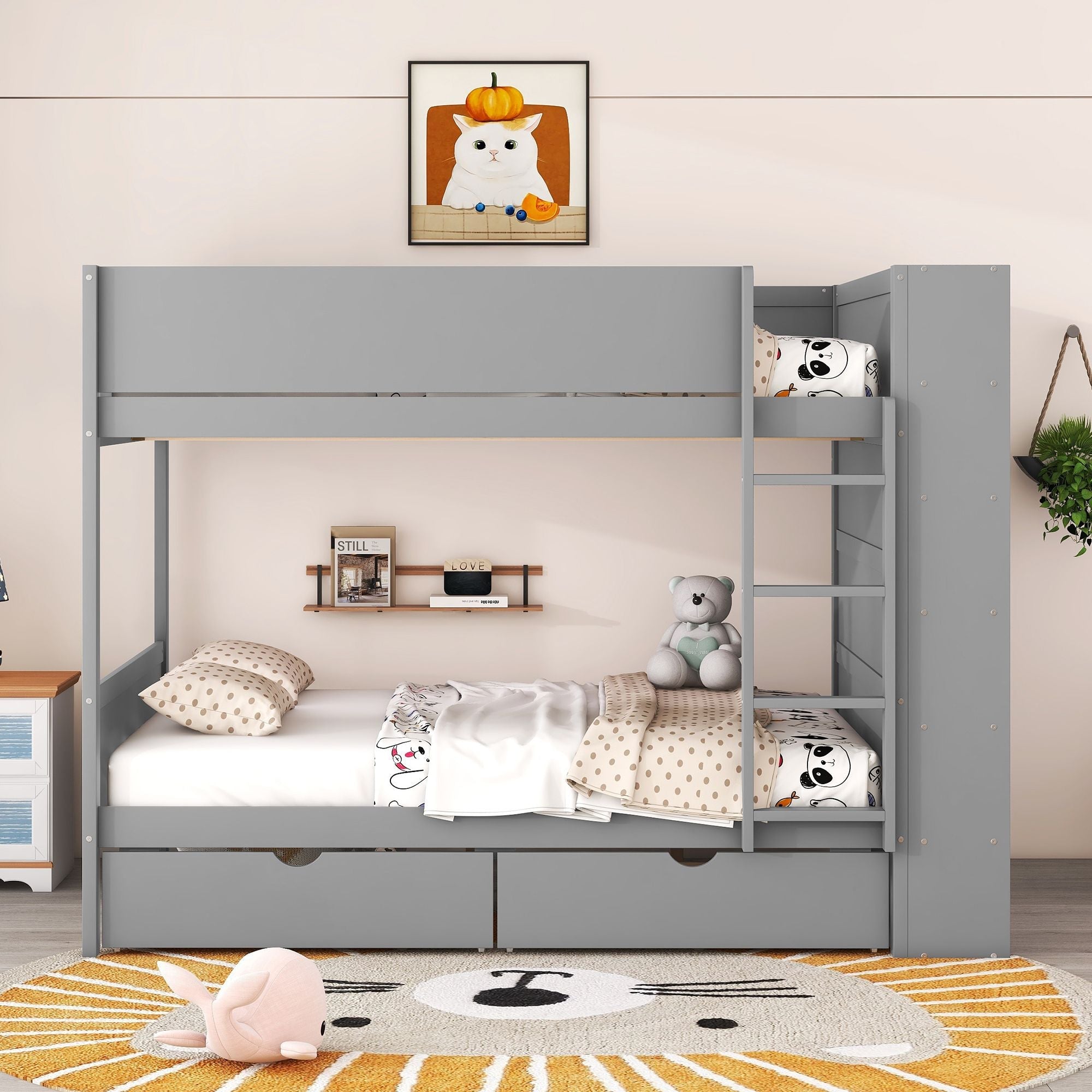 Full Over Full Wood Bunk Bed with Storage Drawers and Multi-Layer Cabinet, Gray | Just Better Bunk Beds - Side View