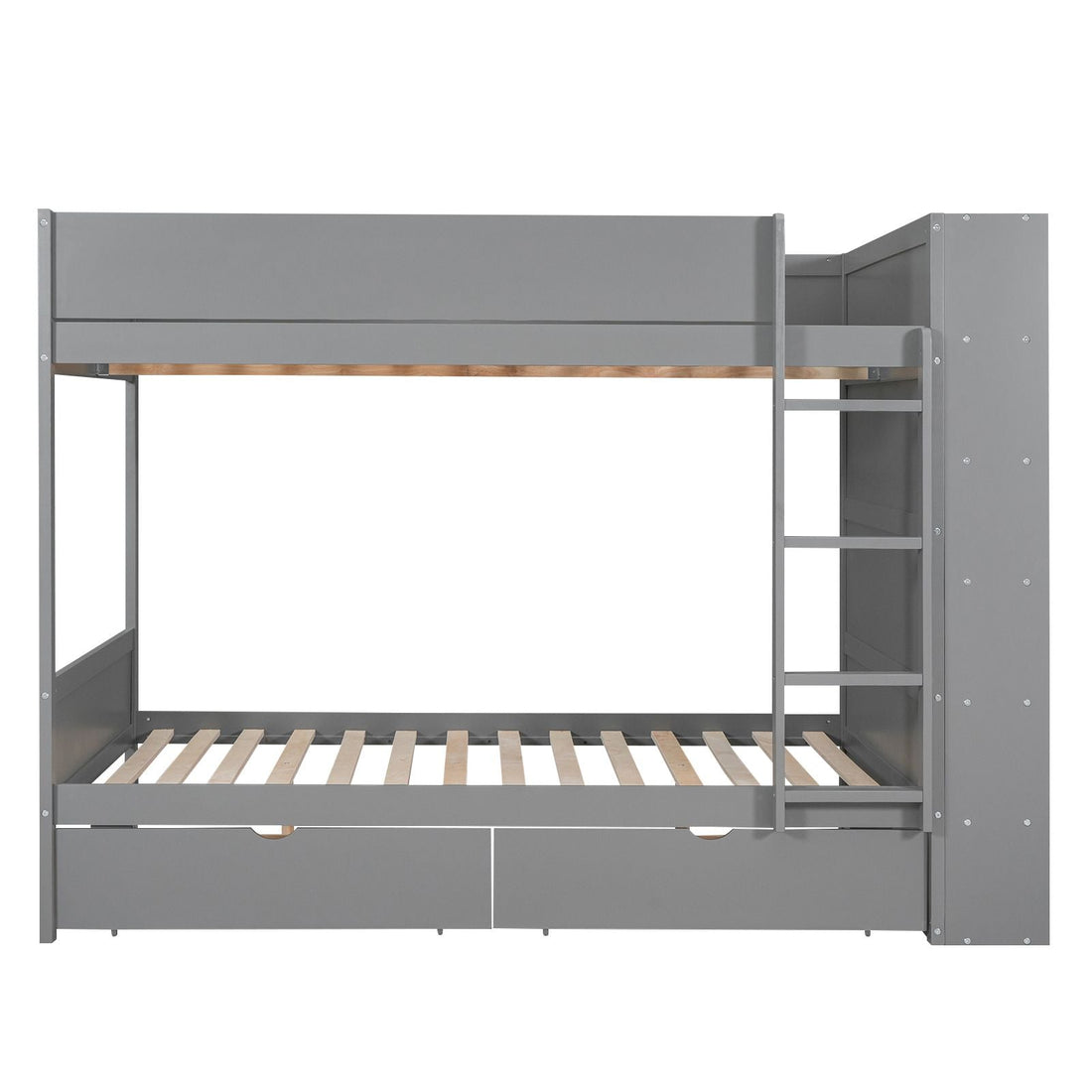 Full Over Full Wood Bunk Bed with Storage Drawers and Multi-Layer Cabinet, Gray | Just Better Bunk Beds - Assembly View
