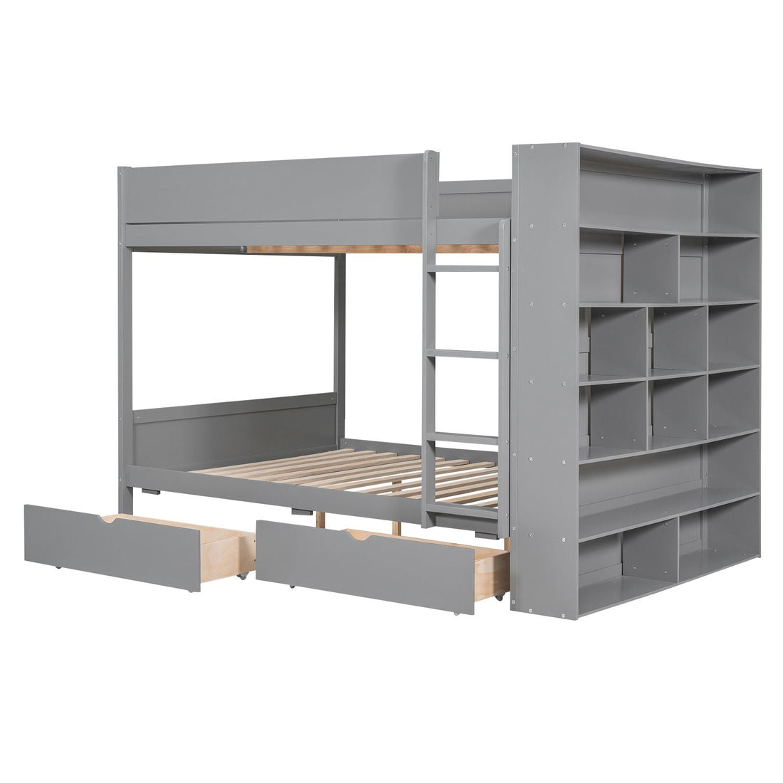 Full Over Full Wood Bunk Bed with Storage Drawers and Multi-Layer Cabinet, Gray | Just Better Bunk Beds - View 7