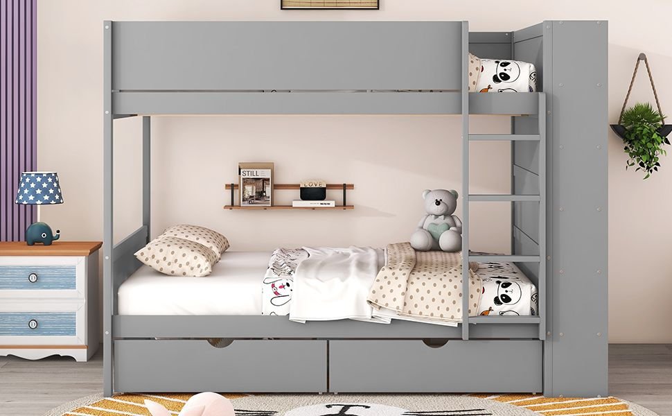 Full Over Full Wood Bunk Bed with Storage Drawers and Multi-Layer Cabinet, Gray | Just Better Bunk Beds - View 18