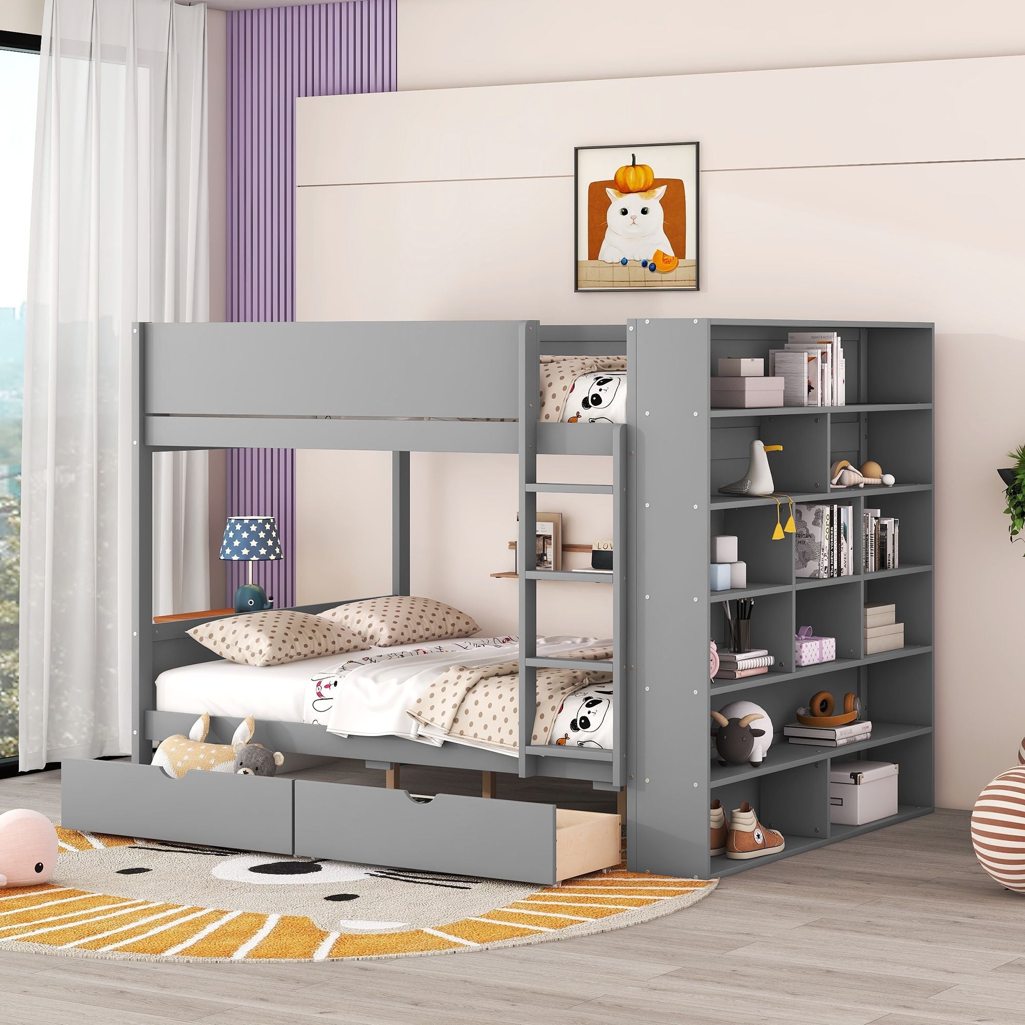 Full Over Full Wood Bunk Bed with Storage Drawers and Multi-Layer Cabinet, Gray | Just Better Bunk Beds - Front View