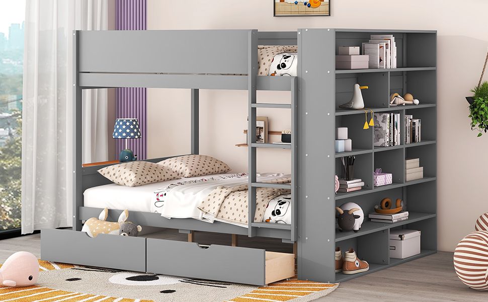 Full Over Full Wood Bunk Bed with Storage Drawers and Multi-Layer Cabinet, Gray | Just Better Bunk Beds - View 17