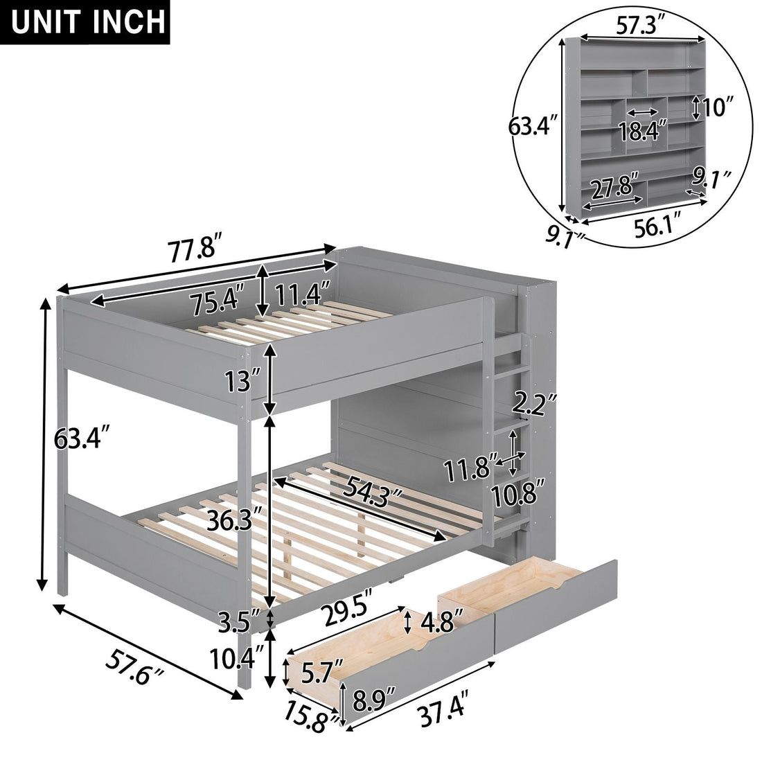 Full Over Full Wood Bunk Bed with Storage Drawers and Multi-Layer Cabinet, Gray | Just Better Bunk Beds - View 8