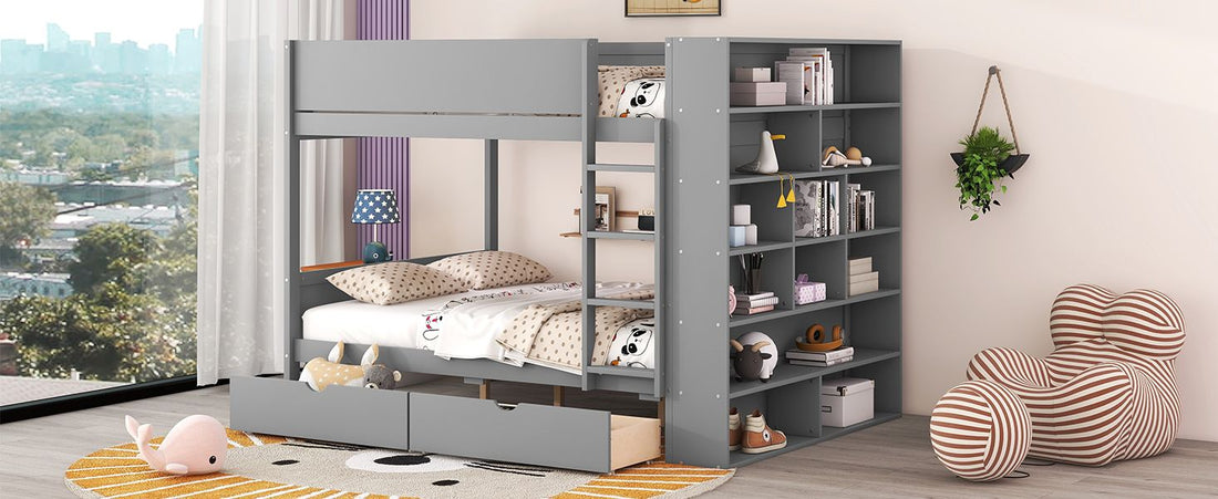 Full Over Full Wood Bunk Bed with Storage Drawers and Multi-Layer Cabinet, Gray | Just Better Bunk Beds - View 19