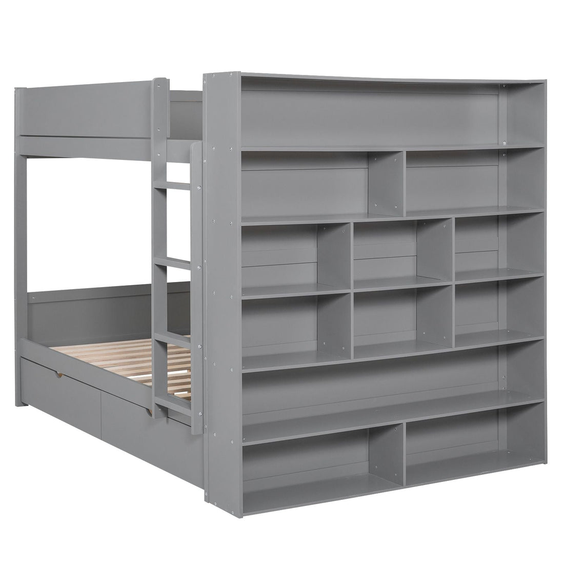 Full Over Full Wood Bunk Bed with Storage Drawers and Multi-Layer Cabinet, Gray | Just Better Bunk Beds - View 6