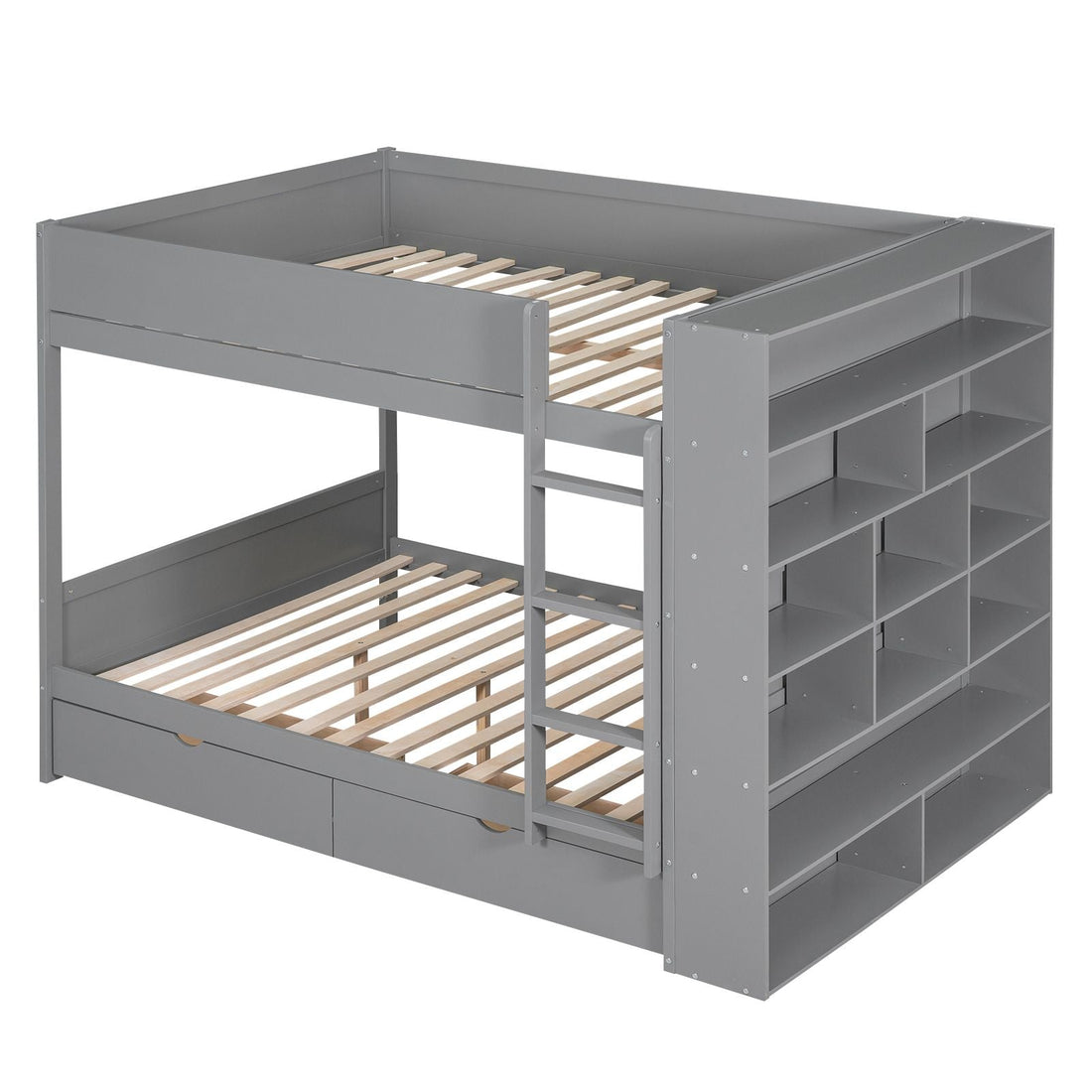 Full Over Full Wood Bunk Bed with Storage Drawers and Multi-Layer Cabinet, Gray | Just Better Bunk Beds - View 9
