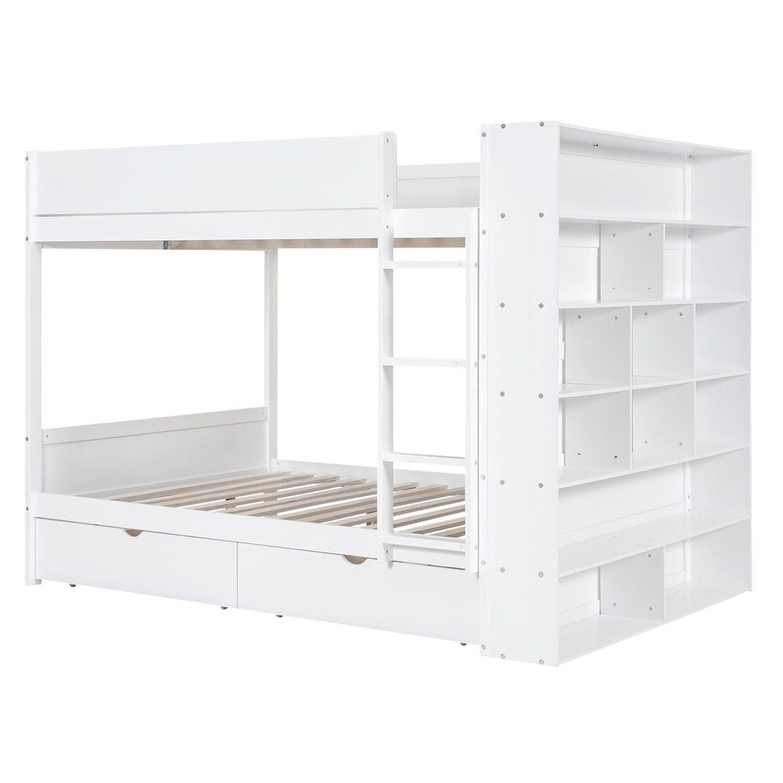 Full Over Full Wood Bunk Bed with Storage Drawers and Multi-Layer Cabinet, White | Just Better Bunk Beds - View 10