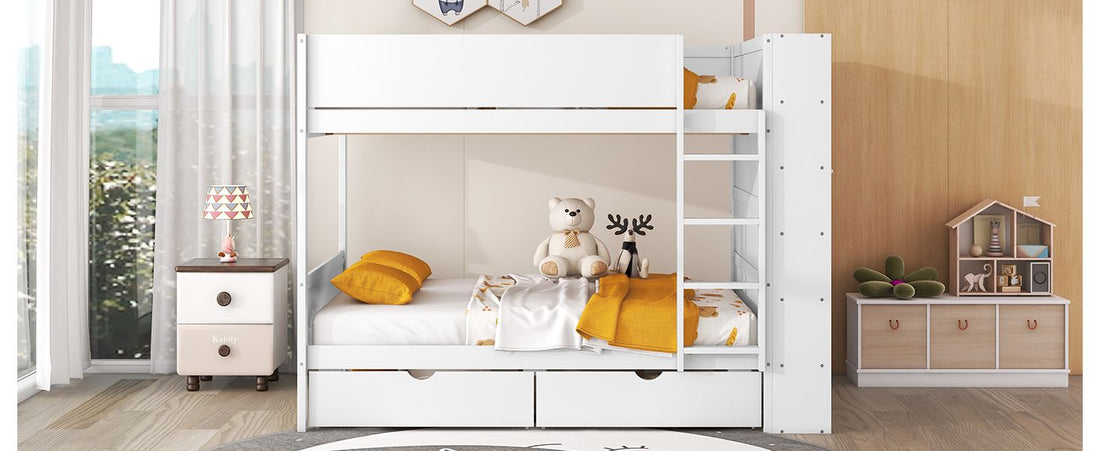 Full Over Full Wood Bunk Bed with Storage Drawers and Multi-Layer Cabinet, White | Just Better Bunk Beds - View 20