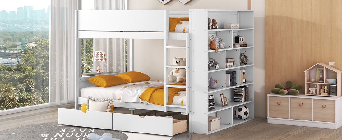 Full Over Full Wood Bunk Bed with Storage Drawers and Multi-Layer Cabinet, White | Just Better Bunk Beds - View 19