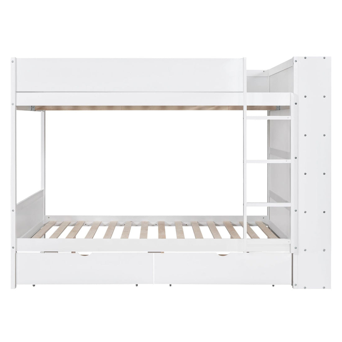 Full Over Full Wood Bunk Bed with Storage Drawers and Multi-Layer Cabinet, White | Just Better Bunk Beds - Detail View