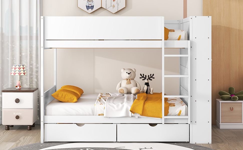 Full Over Full Wood Bunk Bed with Storage Drawers and Multi-Layer Cabinet, White | Just Better Bunk Beds - View 18