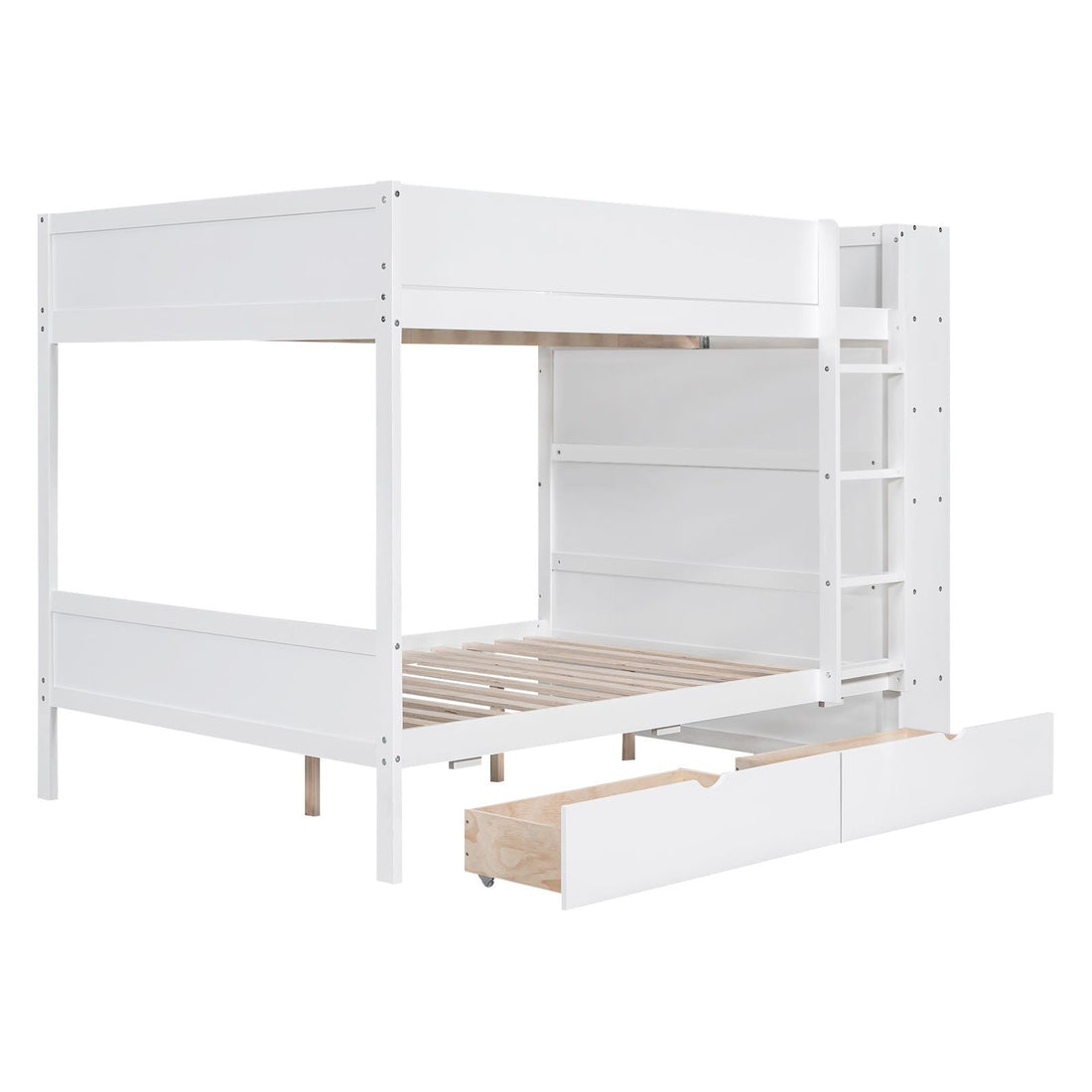 Full Over Full Wood Bunk Bed with Storage Drawers and Multi-Layer Cabinet, White | Just Better Bunk Beds - View 14
