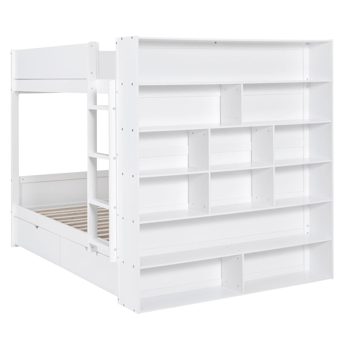 Full Over Full Wood Bunk Bed with Storage Drawers and Multi-Layer Cabinet, White | Just Better Bunk Beds - View 9