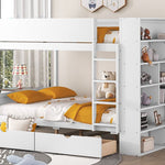 Full Over Full Wood Bunk Bed with Storage Drawers and Multi-Layer Cabinet, White | Just Better Bunk Beds - View 17