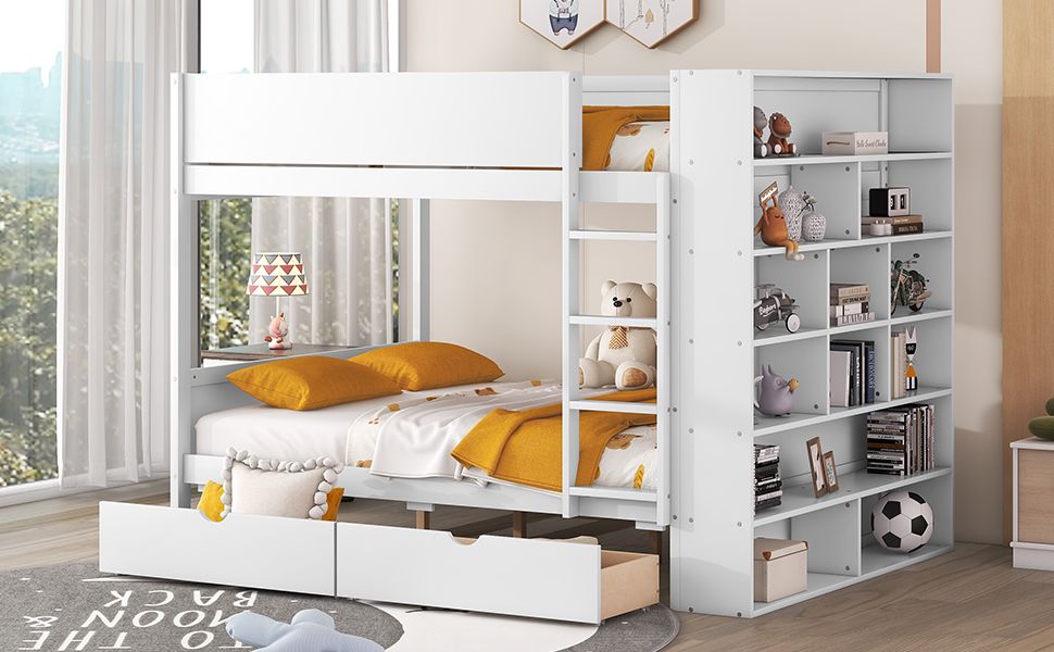 Full Over Full Wood Bunk Bed with Storage Drawers and Multi-Layer Cabinet, White | Just Better Bunk Beds - View 17