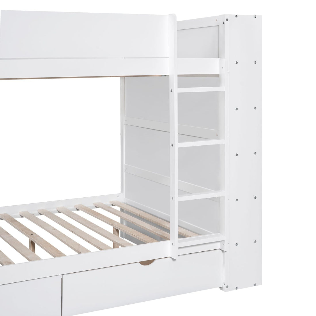 Full Over Full Wood Bunk Bed with Storage Drawers and Multi-Layer Cabinet, White | Just Better Bunk Beds - View 12