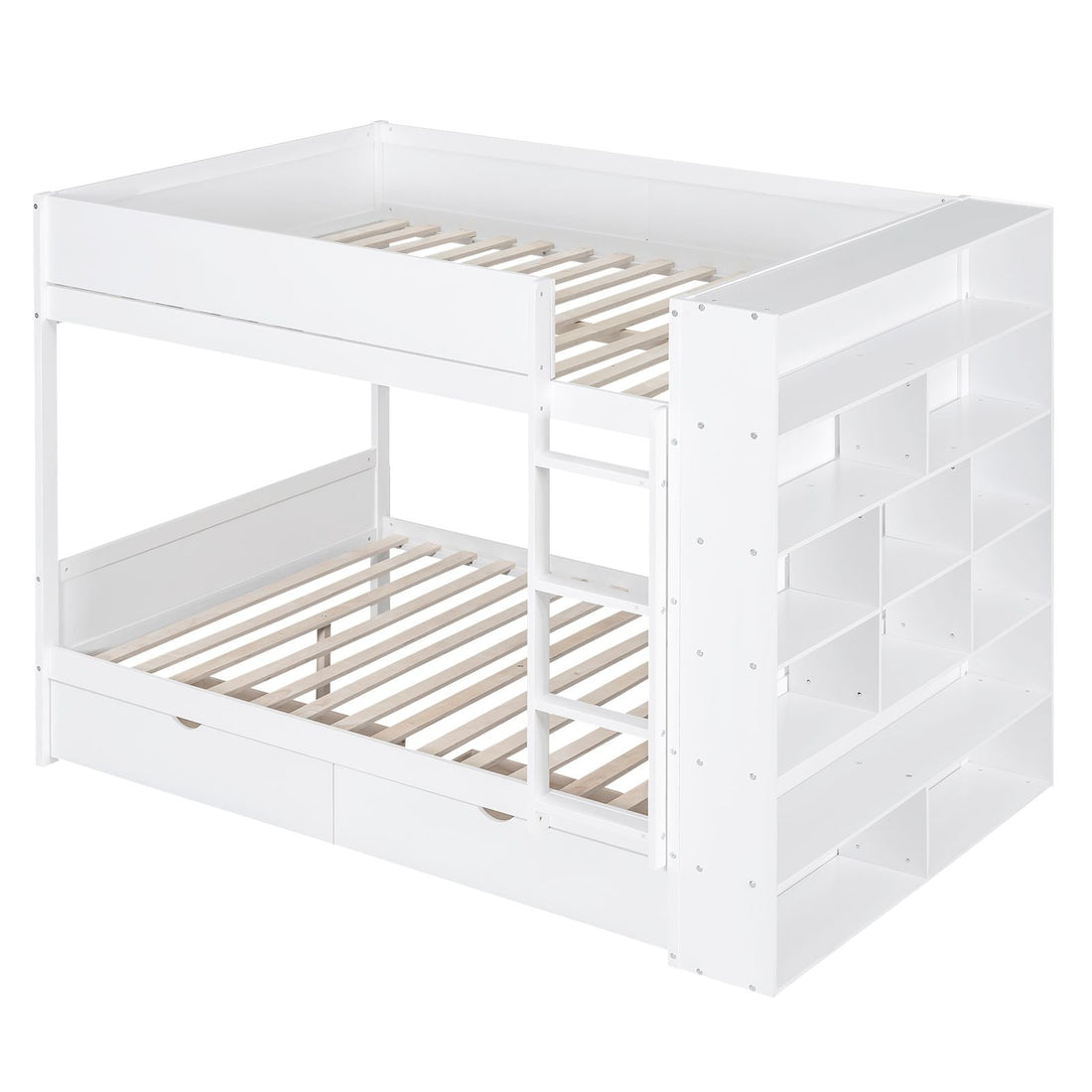 Full Over Full Wood Bunk Bed with Storage Drawers and Multi-Layer Cabinet, White | Just Better Bunk Beds - View 6