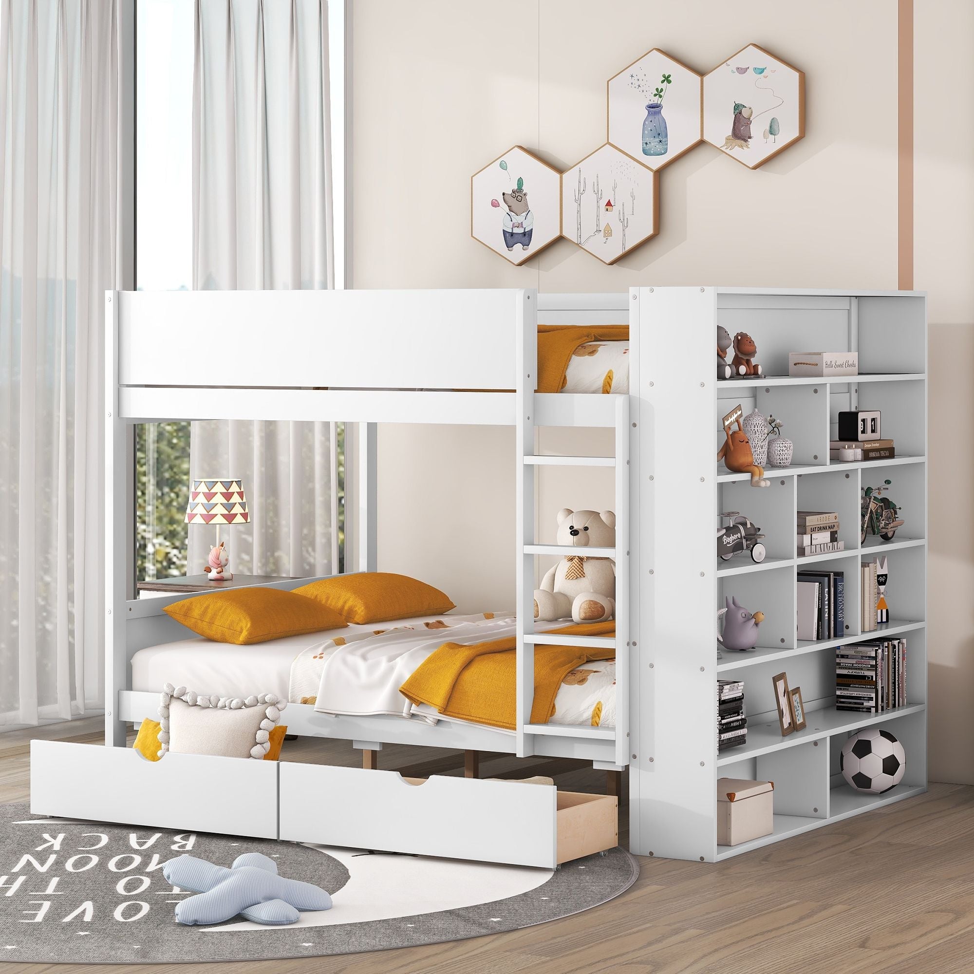 Full Over Full Wood Bunk Bed with Storage Drawers and Multi-Layer Cabinet, White | Just Better Bunk Beds - Front View