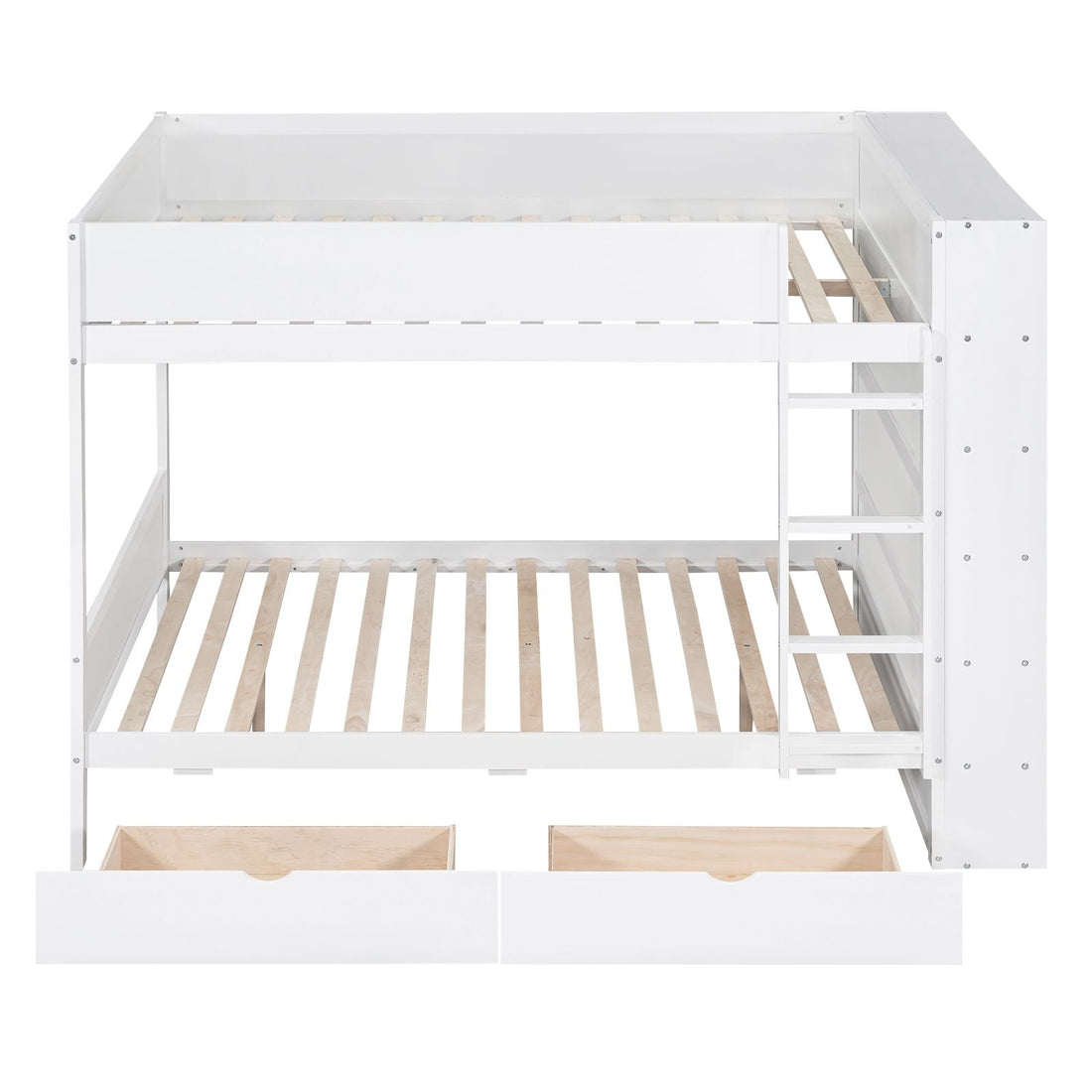 Full Over Full Wood Bunk Bed with Storage Drawers and Multi-Layer Cabinet, White | Just Better Bunk Beds - Assembly View